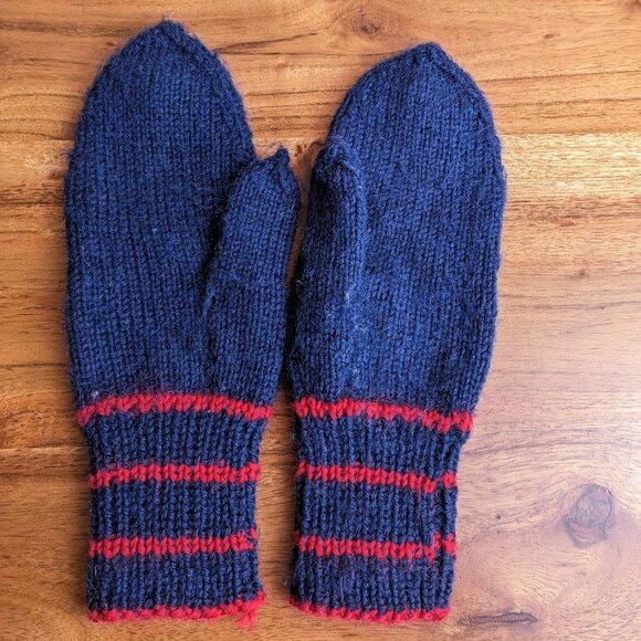 Child's Handmade Cottagecore Knit Blue Mittens with Red Stripes - Picture 2 of 4